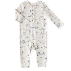 Pehr Long Sleeve Romper in Life Aquatic, 0-3 months